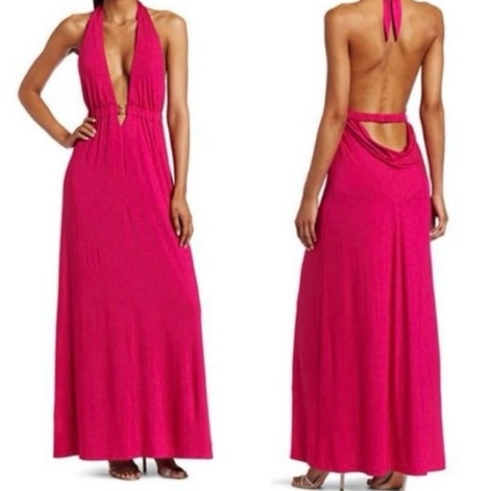 Trina Turk Fuschia Biscayne Plunge Gold Detail Open Back Maxi Dress Size 0